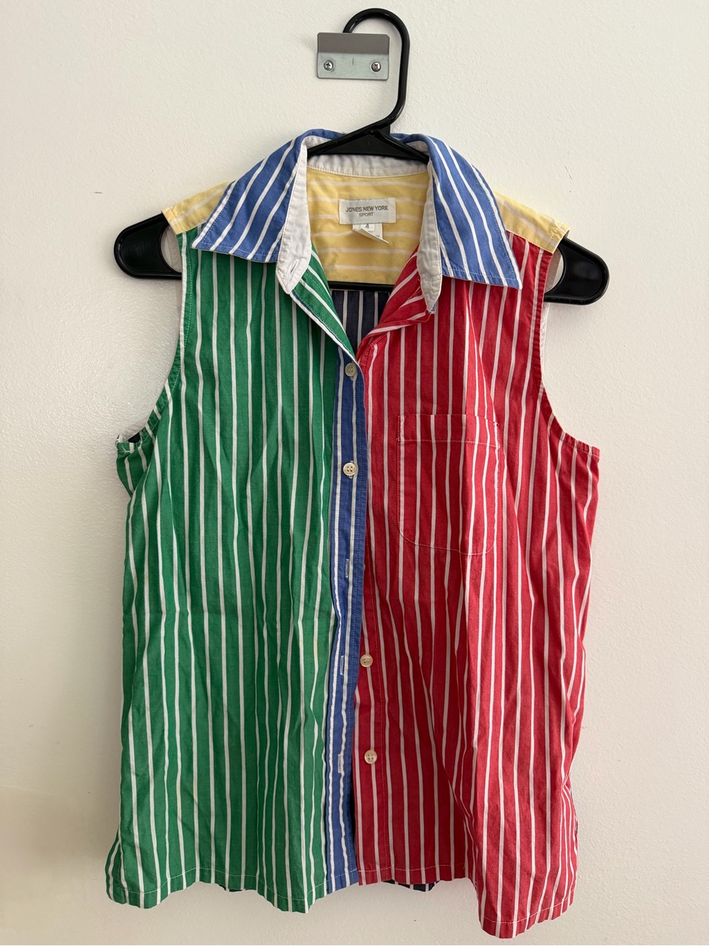 Vintage Jones New York Green, Red, Blue & Yellow Striped Sleeveless Button-Down